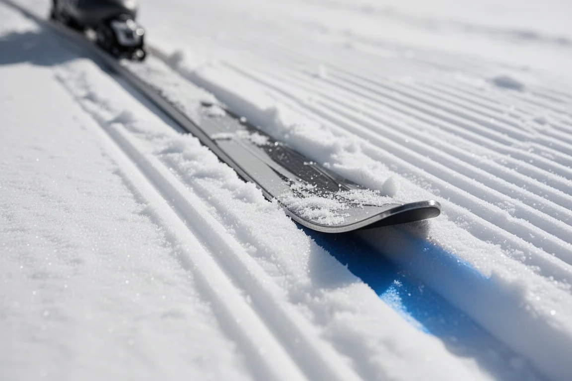 Nahaufnahme einer Skikante, die in festen präparierten Schnee beißt