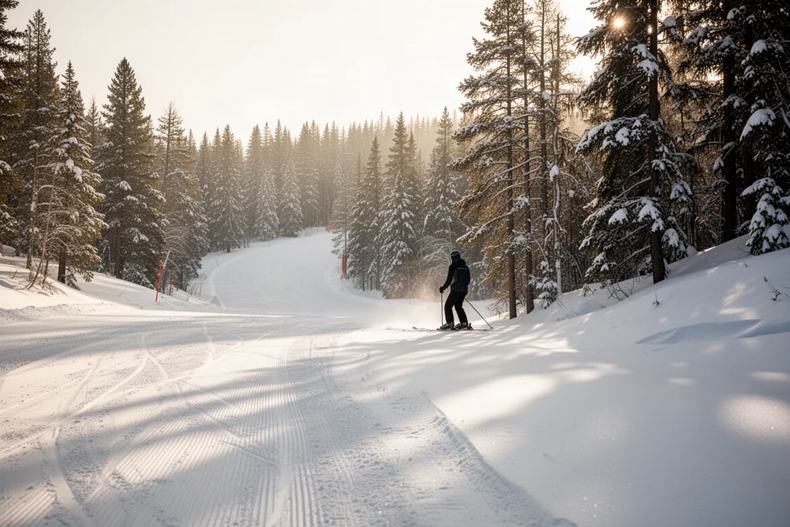 Skifahrer an einer Baumreihe zwischen präparierter Piste und weichem, unverspurtem Schnee