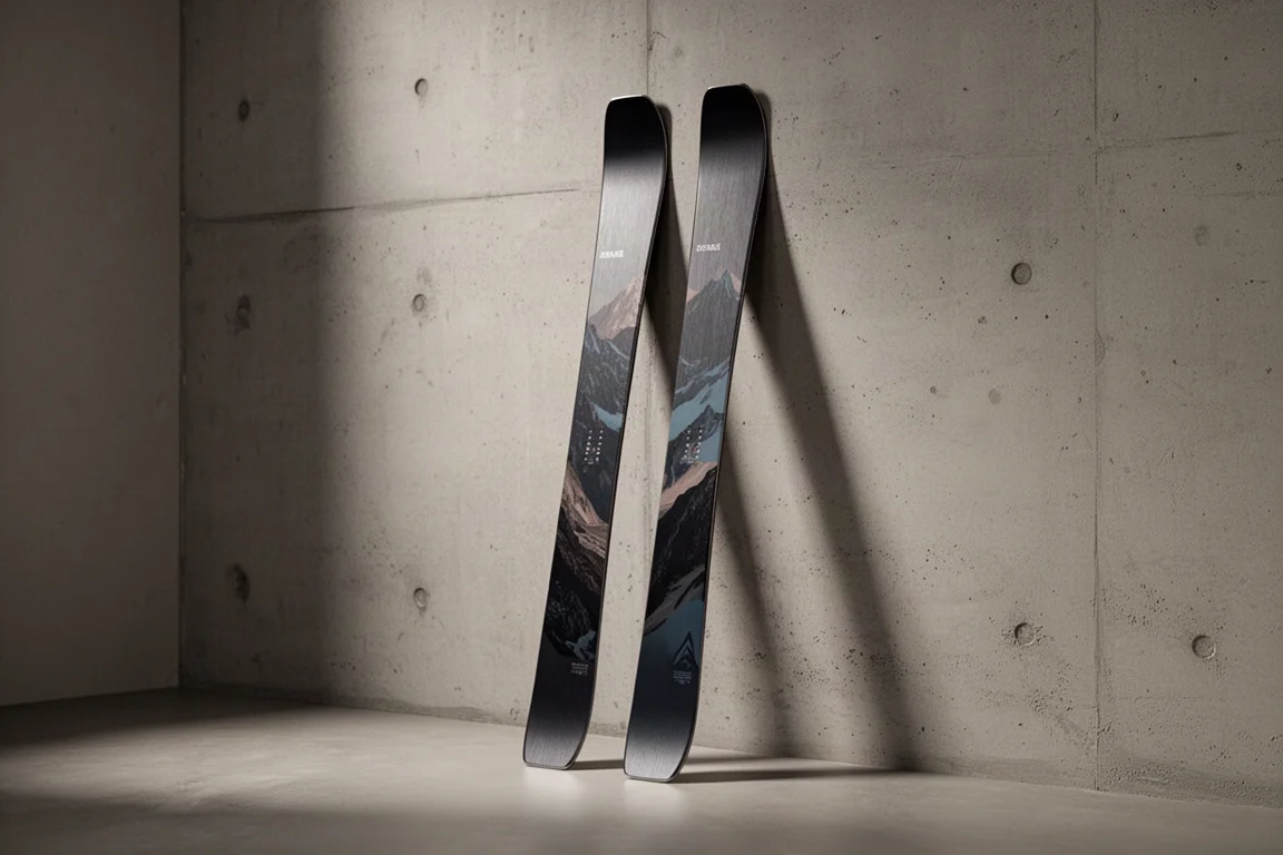 Pair of all-mountain skis with dark graphic topsheets leaning against a concrete wall