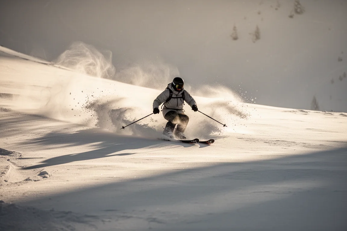 Sciatore che scende in neve primaverile morbida con spruzzi che si aprono dalle punte degli sci