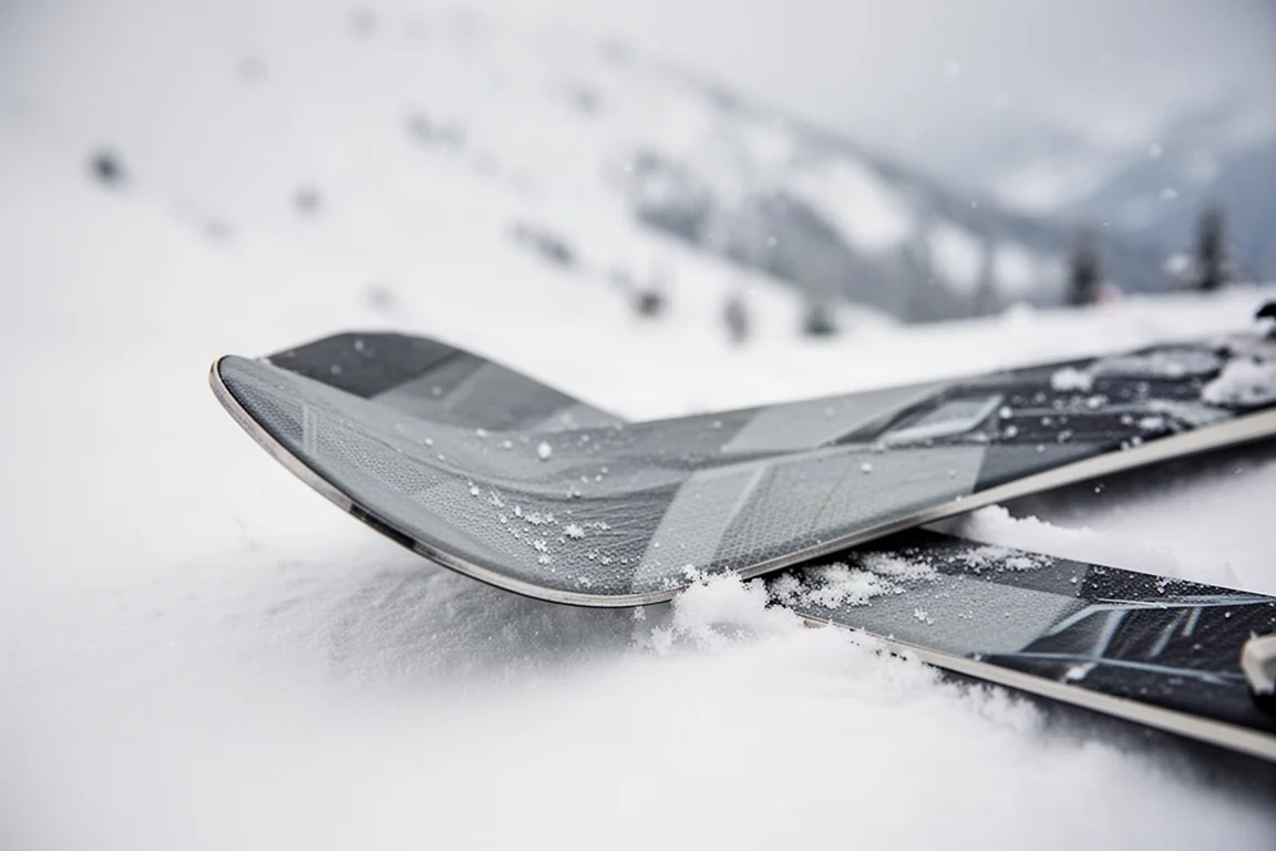 Primo piano del profilo squadrato della coda di uno sci impresso nella neve dura con pendenza sfocata sullo sfondo