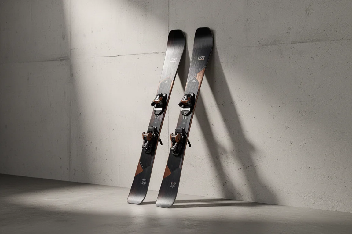 Pair of 102mm all-mountain skis with bindings leaning against a concrete wall in studio light