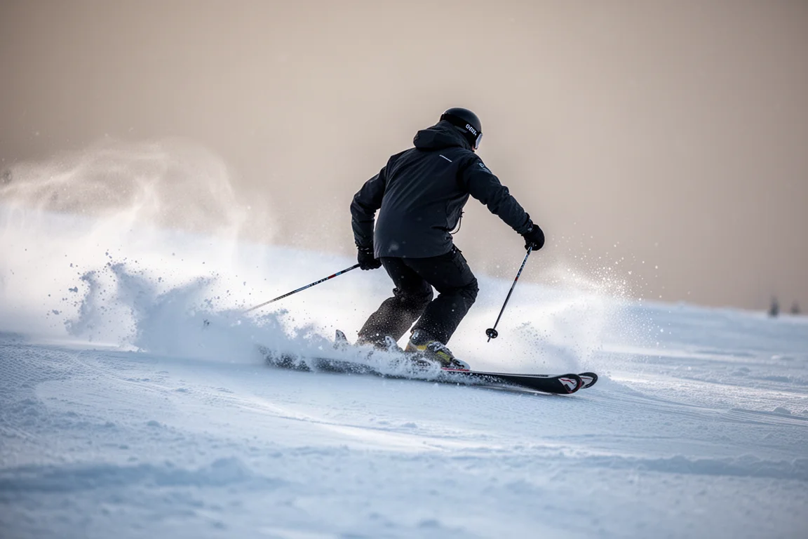 Skifahrer zieht eine saubere Schwunglinie auf einer präparierten Piste, Schneefahne und Alpengipfel in der Ferne