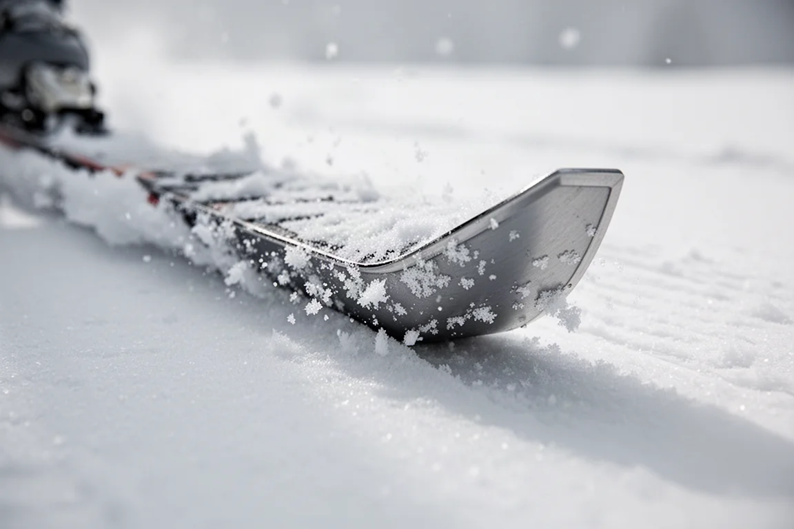 Nahaufnahme eines Skiendes mit Metallinsert im festen Schnee