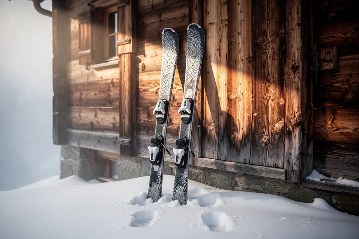 Ski-Paar lehnt im goldenen Abendlicht an einer Holzstube-Wand