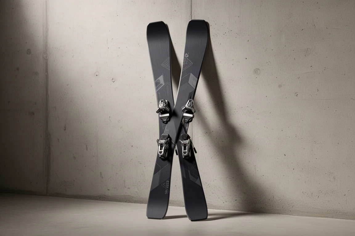 Pair of 88 mm all-mountain skis standing upright in fresh snow with blurred alpine ridge behind