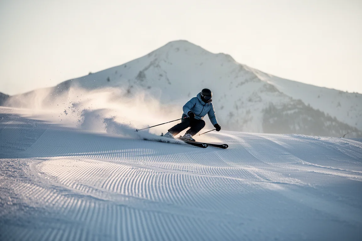 Skifahrer zieht eine lange Kurve auf einer frisch präparierten Piste am Morgen