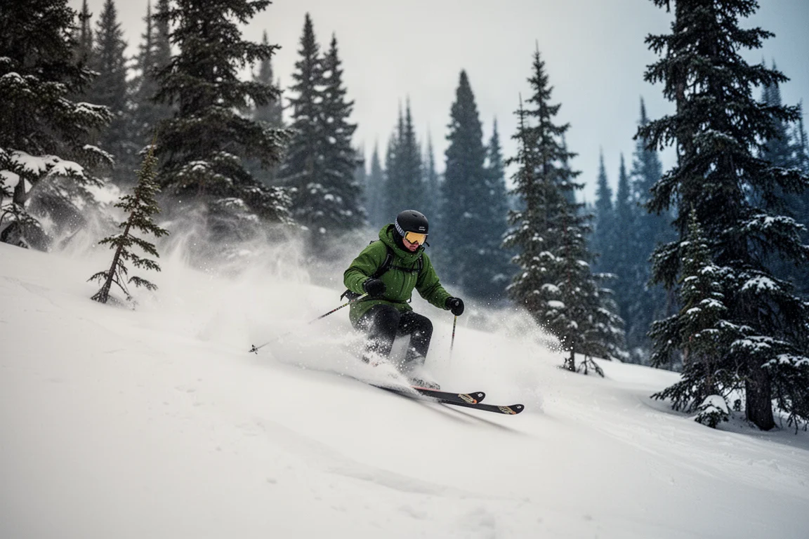 Skifahrer beendet eine geschnittene Kurve auf hartem Pisterschnee mit leichtem Schnee-Gischt