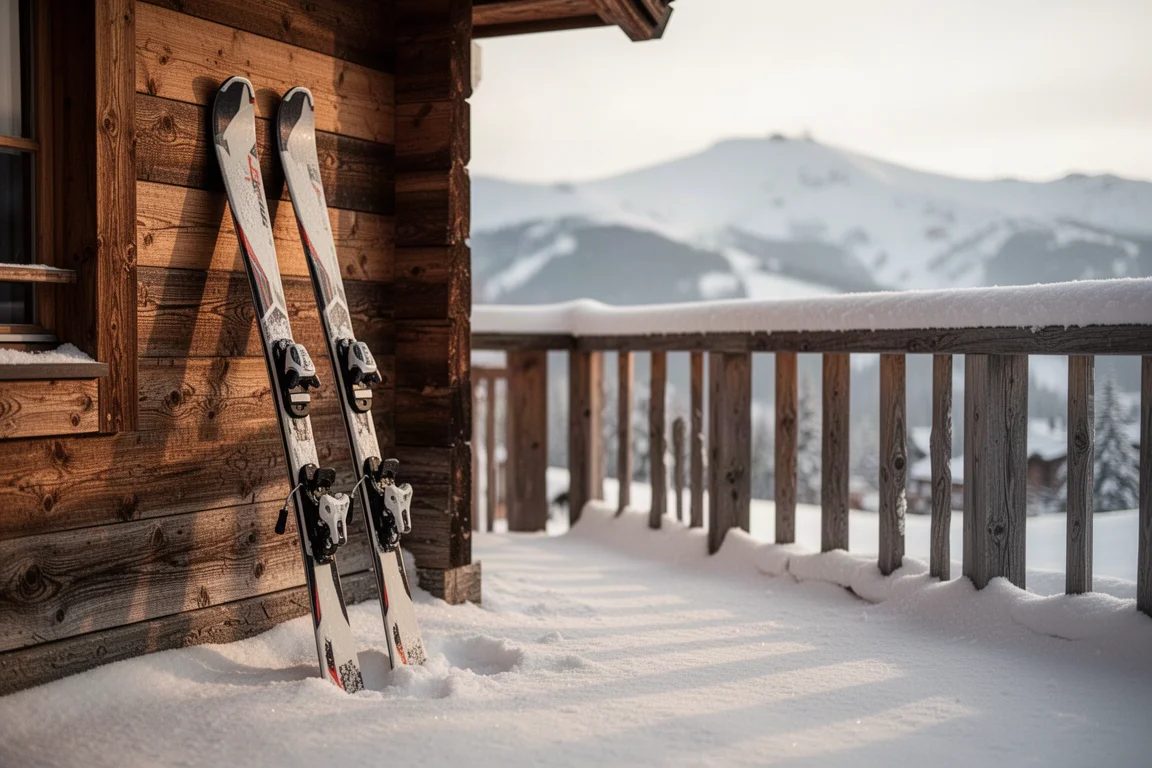 Reihe von Testskiern in einem Gestell vor einer Holzberghütte