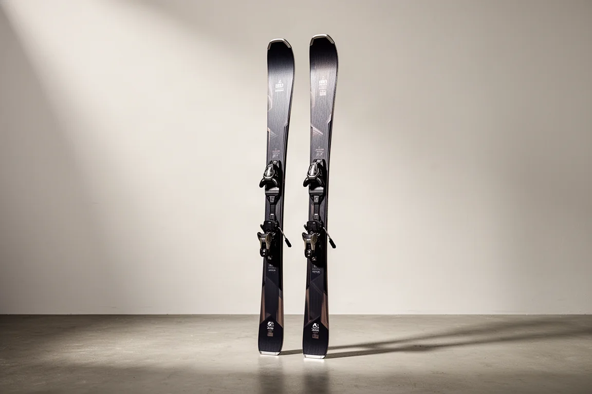 Paar richtungsorientierte All-Mountain-Skier, die an einer Betonwand lehnen