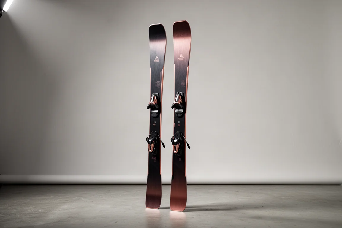 Wide all-mountain skis with gold top sheet leaning against a pale concrete wall