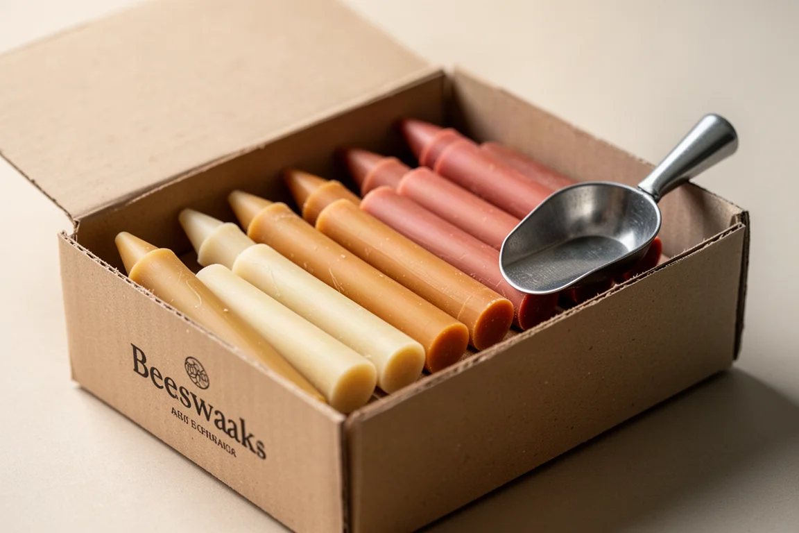 Thick beeswax crayons arranged in a plain cardboard box with a small scoop tool