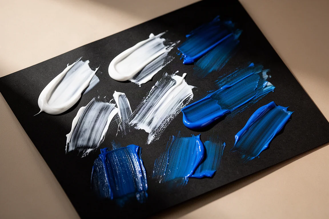 Bold pigment swatches drawn on black paper