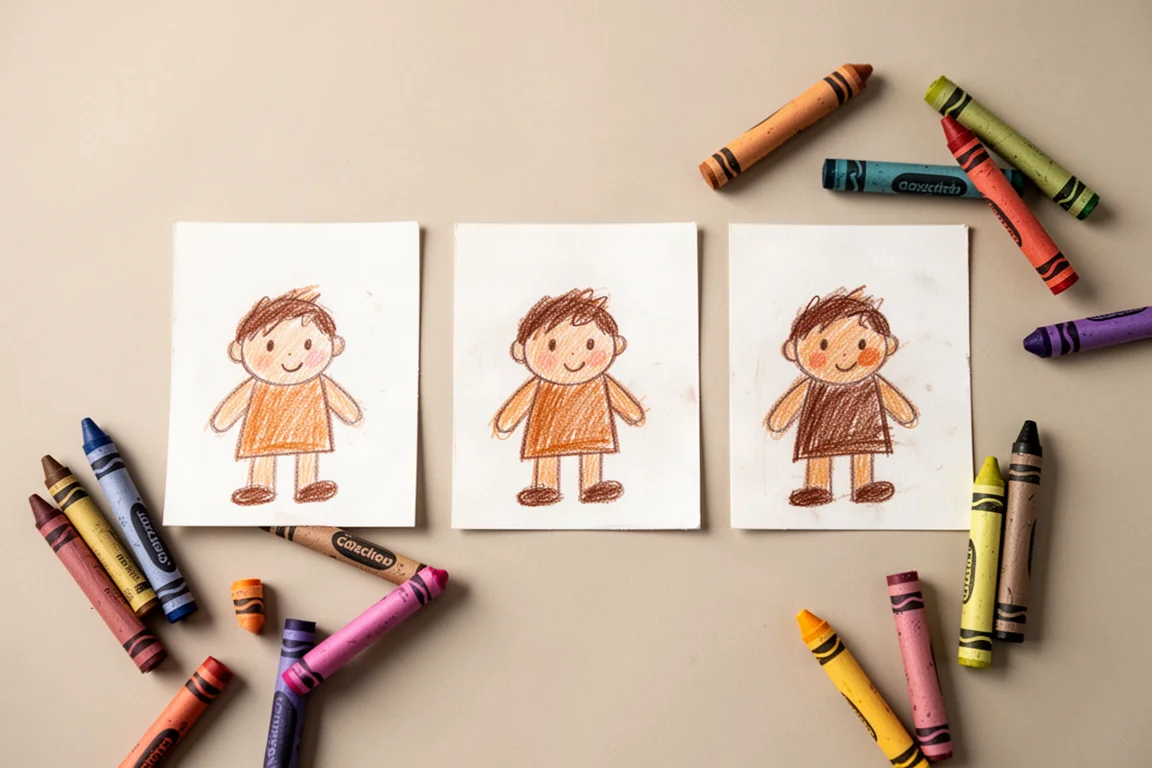 Simple crayon drawings made with three different crayon sets side by side
