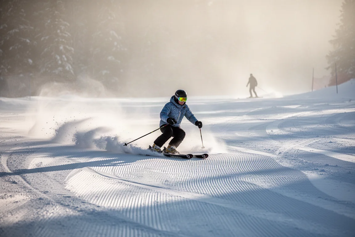 Skifahrer fährt kurze Schwünge auf einer präparierten Piste im sanften Morgenlicht