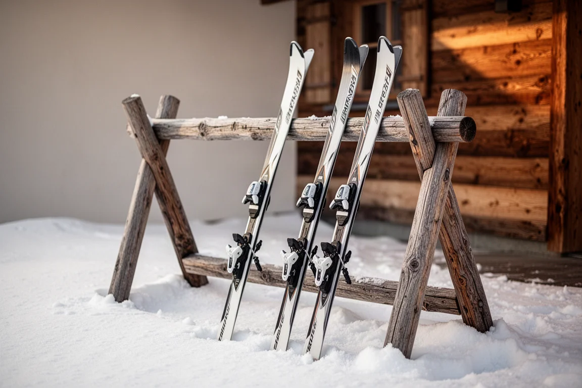 Zwei Paar Ski lehnen an einem Holzregal vor einer Berghütte