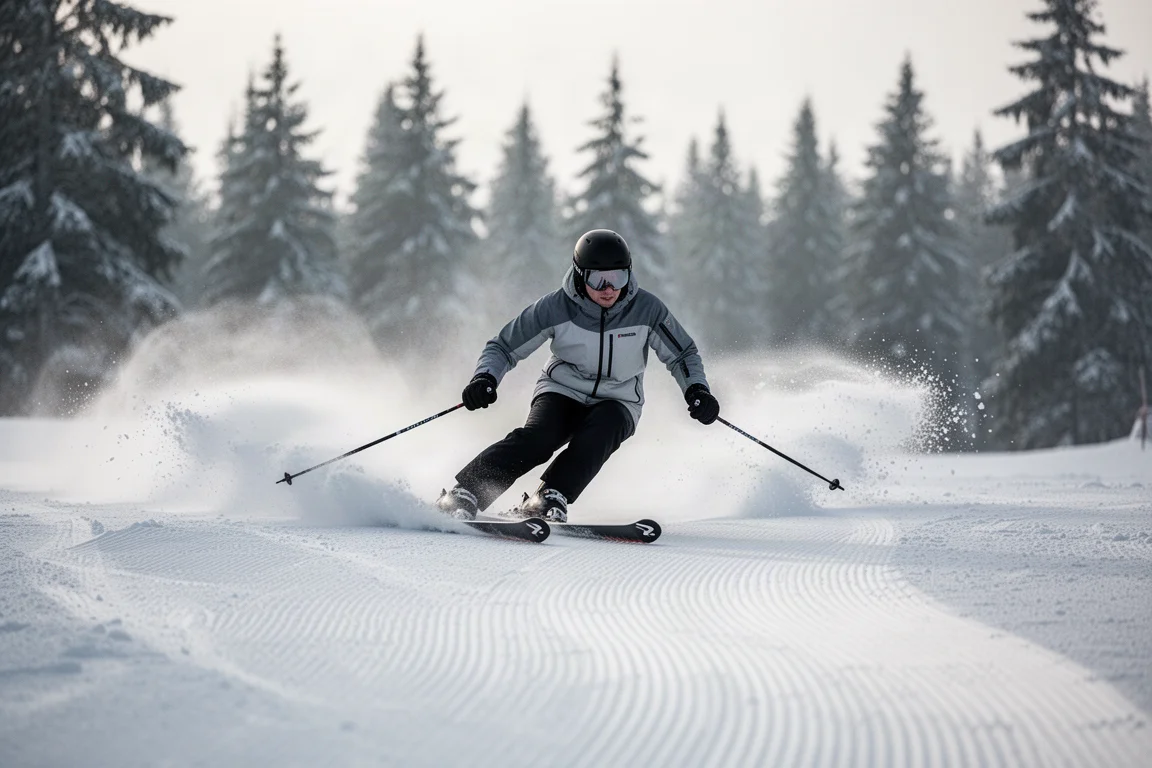 Skier carving high edge angles on a groomed piste in soft morning light