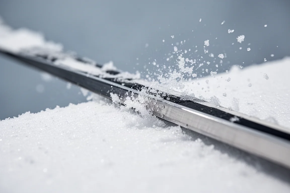 Close-up of a ski edge and metal layer gripping hardpack snow with crystals spraying