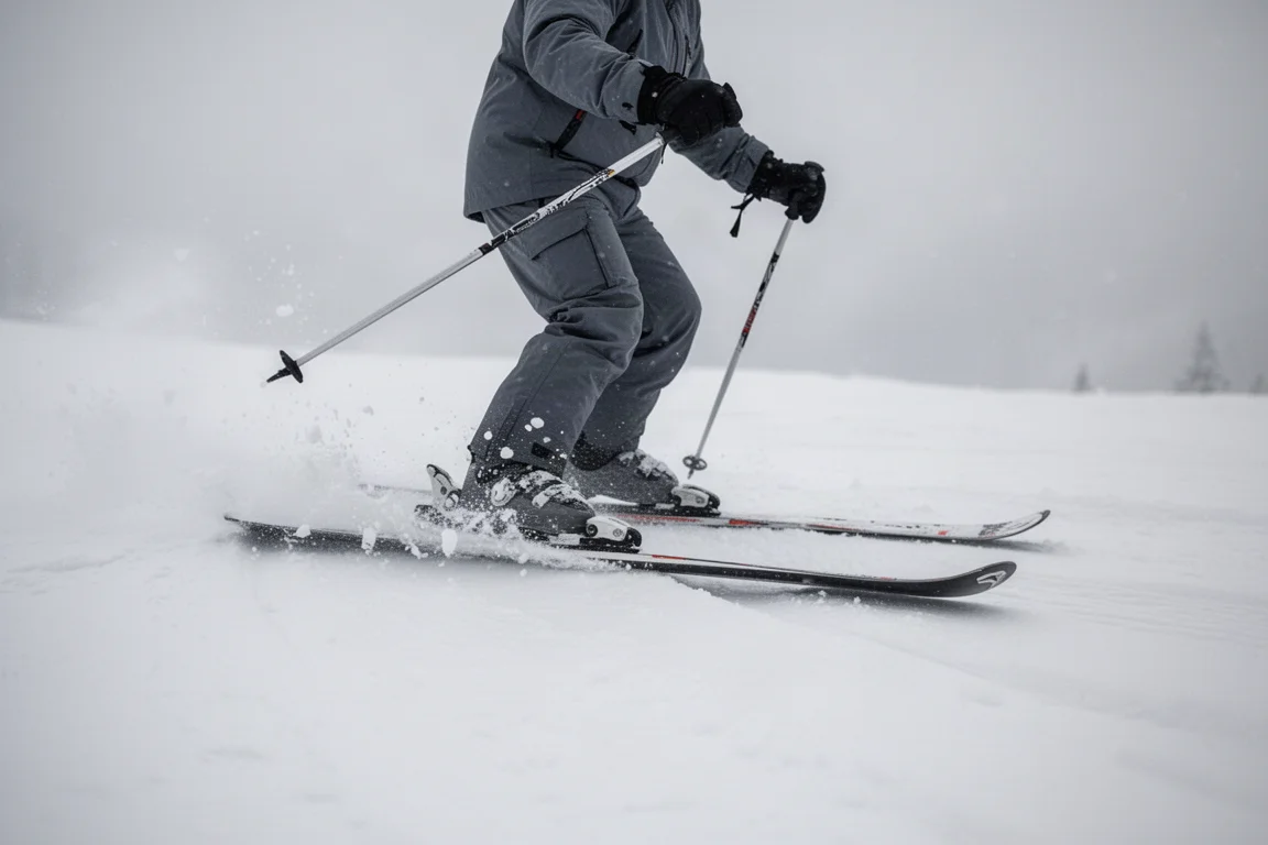 Skier crossing soft tracked snow on narrow carving skis