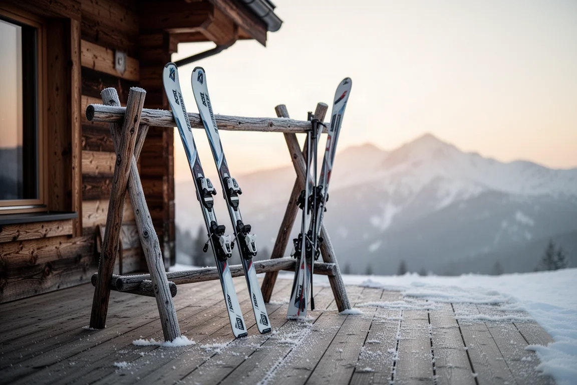 Two pairs of alpine skis leaning against a wooden rack outside a mountain lodge at sunrise