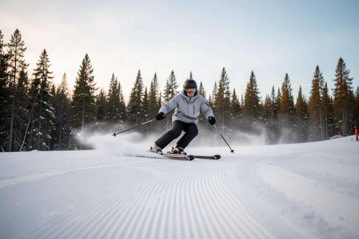 Skier carving a firm groomed run in early morning light