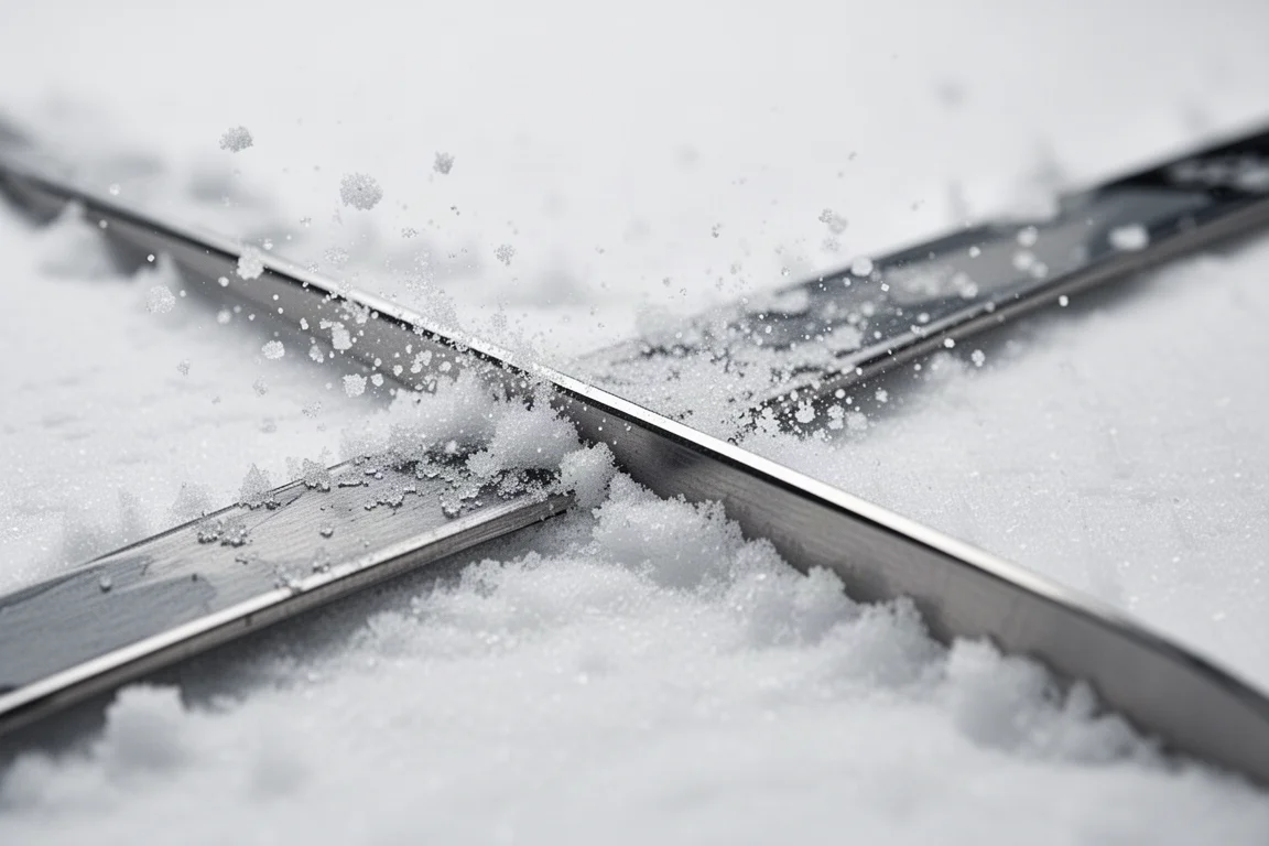 Close-up of a ski edge biting into hard groomed snow