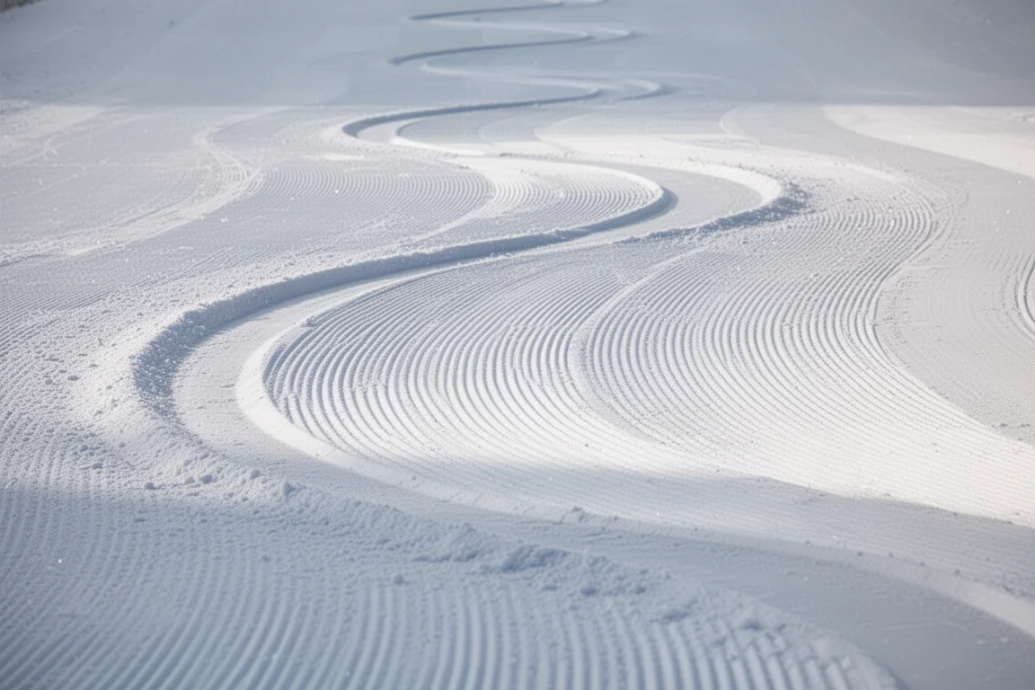Overhead view of long carved arcs on a groomed ski run