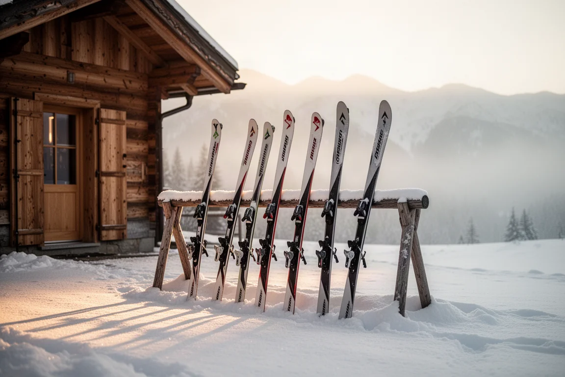 Narrow carving skis resting on a rack outside a mountain lodge at sunrise