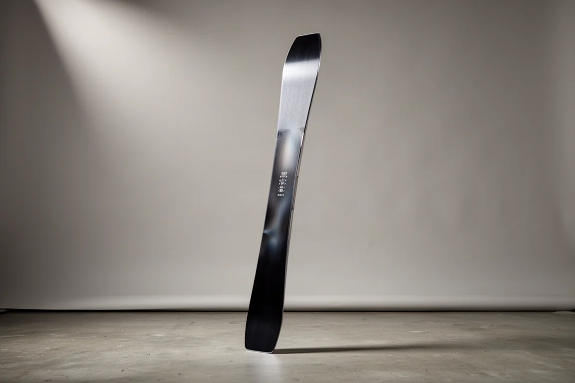 Narrow frontside carving ski standing upright on a matte concrete surface