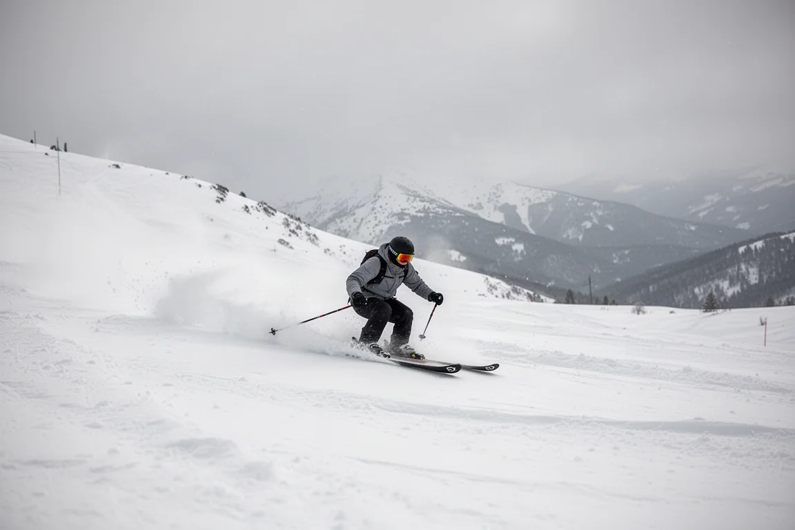Skier carving through soft mixed snow on a wide freeride ski