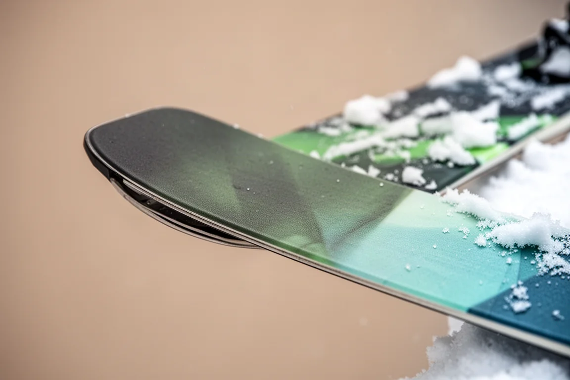 Close-up of a wide freeride ski tip with green aqua tinted topsheet