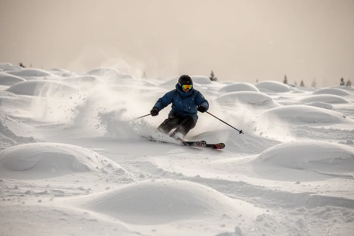 Skier washing out a turn through moguls and loose snow
