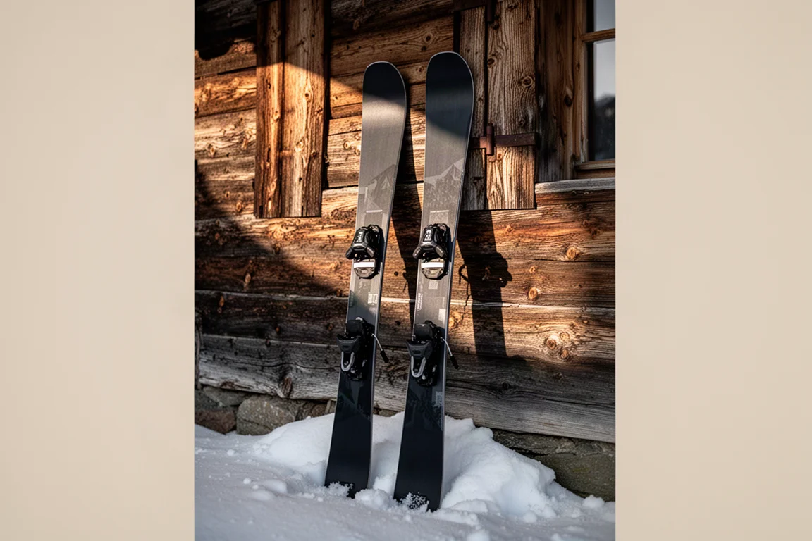 Pair of wide freeride skis standing upright against a mountain lodge wall