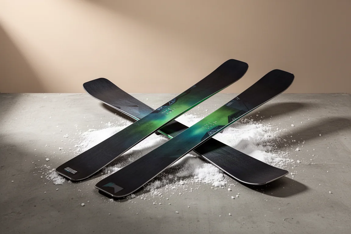 Stokeley Storm Rider 108 freeride skis standing on concrete with subtle green tinted topsheets