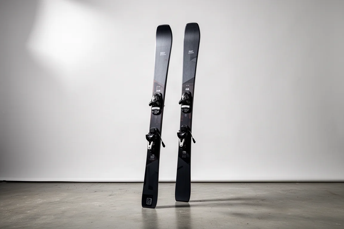 Paire de skis all-mountain directionnels dressés verticalement sur un sol en béton devant un fond gris