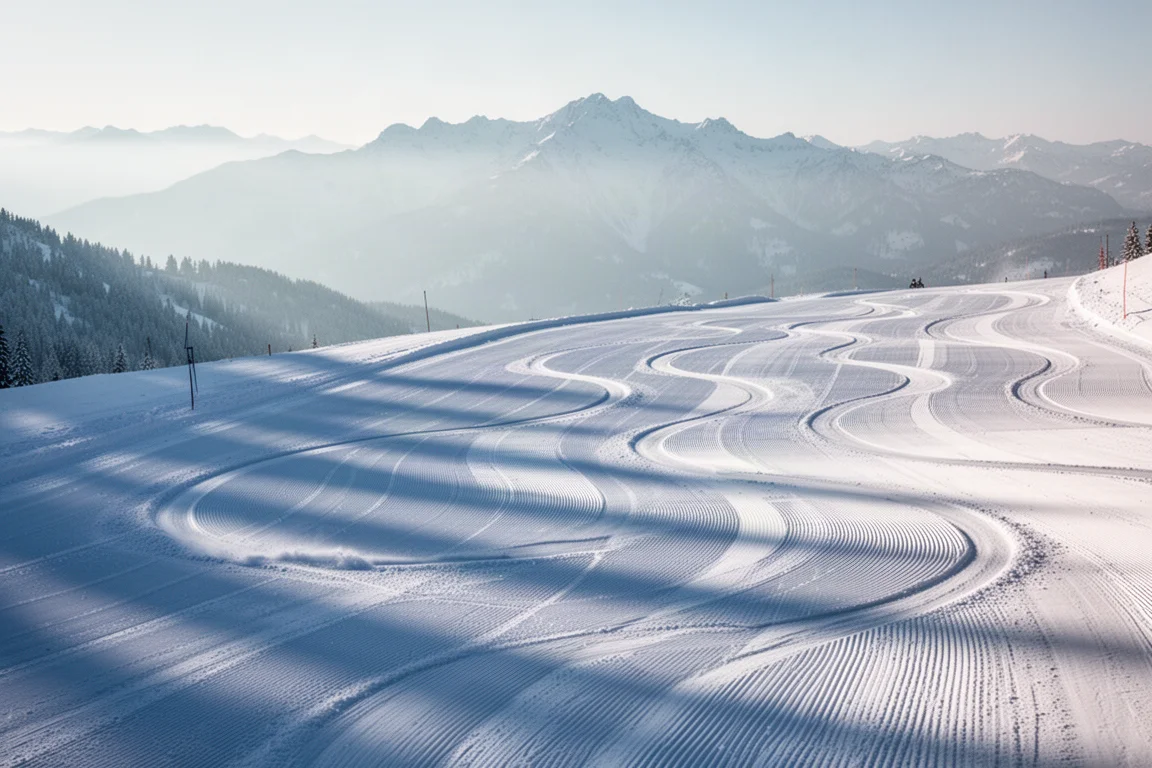 Vista aerea di archi intagliati nitidi lasciati nella neve battuta su un pendio di montagna
