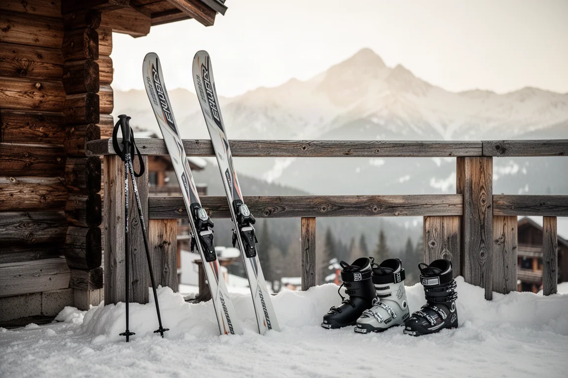 Coppia di sci carving appoggiati a una ringhiera di legno in un resort di montagna