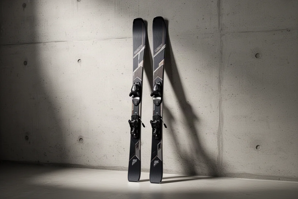 Narrow sport carving skis with system bindings standing against a concrete wall
