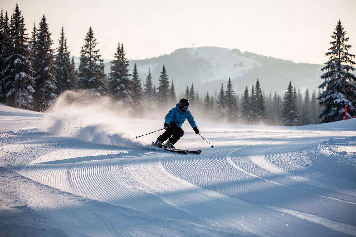 Skifahrer zieht eine weite Schwungspur auf frisch präparierter Hartpiste im frühen alpinen Morgenlicht