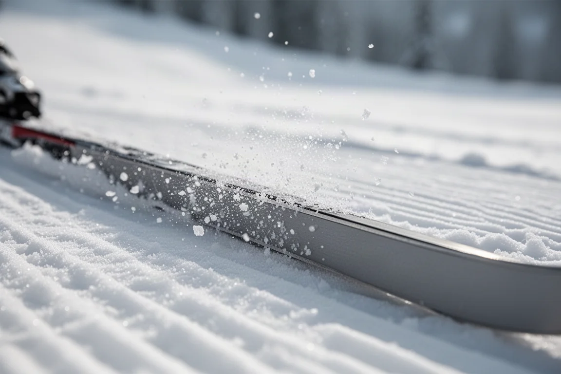 Nahaufnahme einer Skikante, die in festen präparierten Schneeflächen schneidet, während Eiskristalle aufsteigen