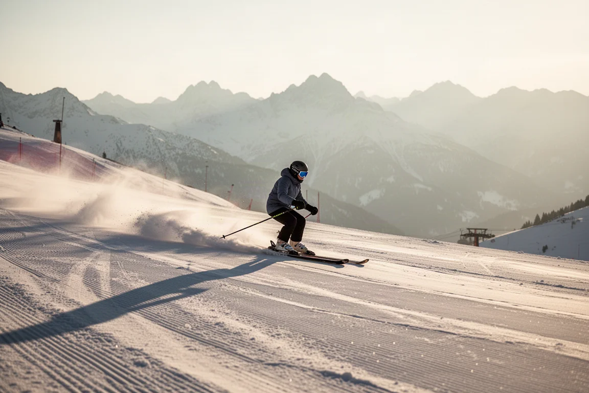 Skifahrer mitten im Schwung mit hohem Tempo auf breiter präparierter Piste im Nachmittagslicht