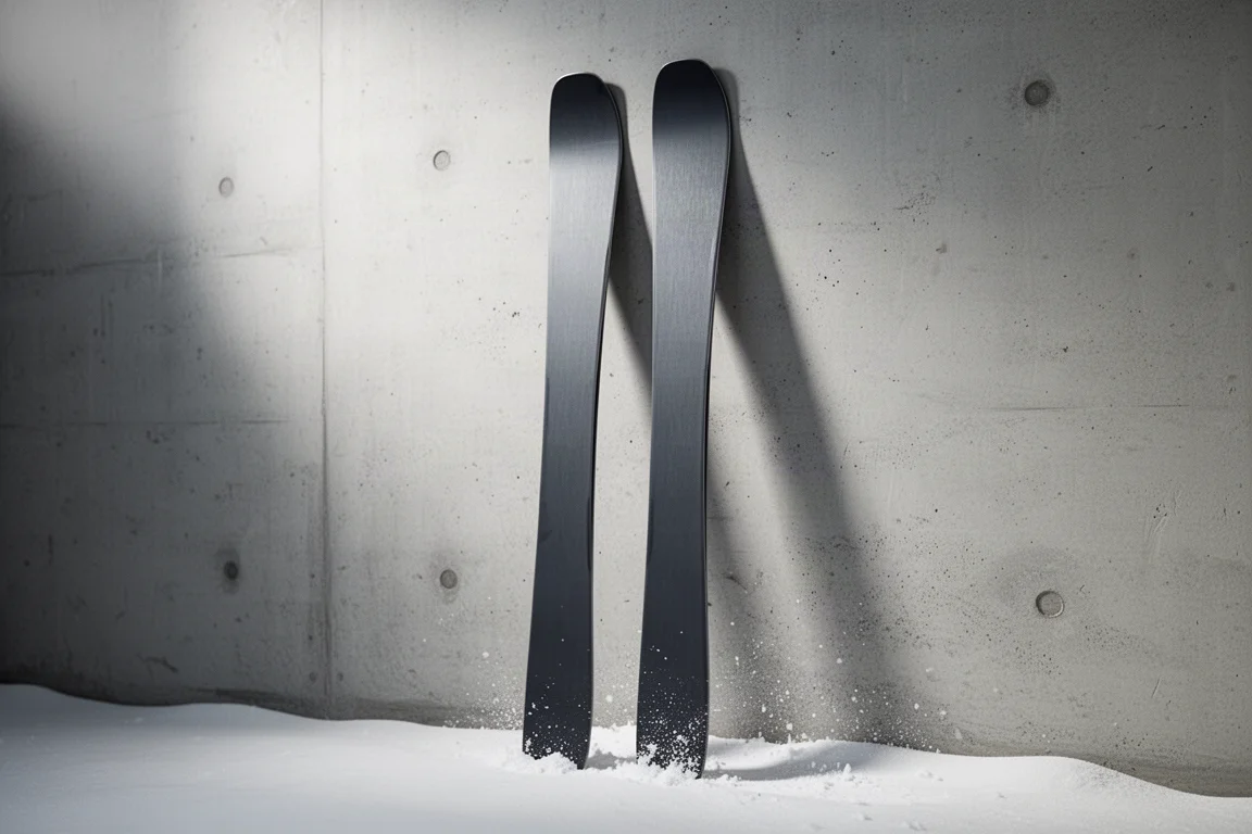 Pair of wide carving skis with matte charcoal topsheet leaning against a concrete wall