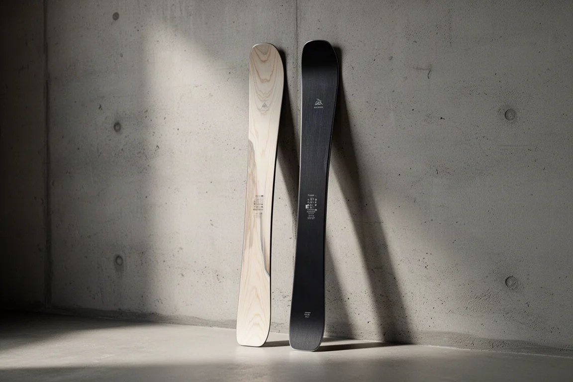 Pair of women's all-mountain skis leaning against a concrete wall in soft studio light