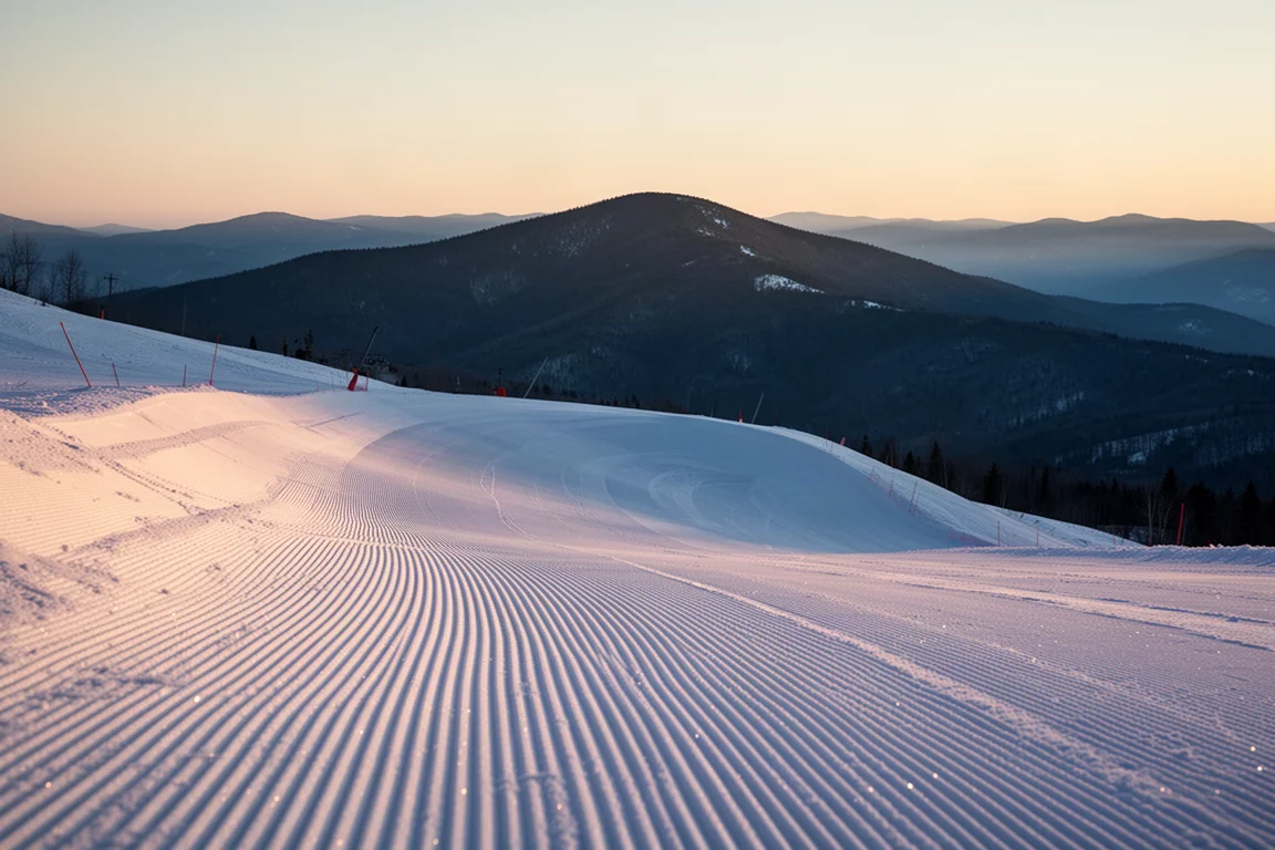 Piste de ski damée fraîchement préparée aux premières lueurs du jour, avec une ligne de crêtes en arrière-plan