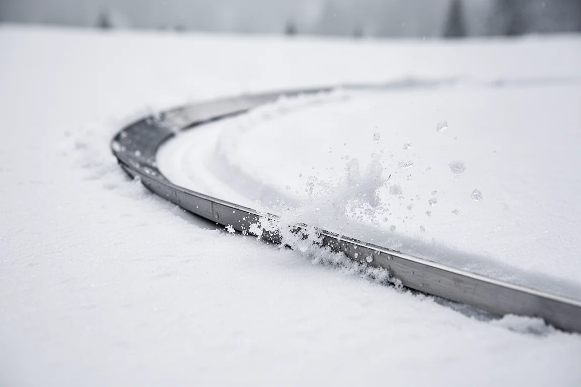 Gros plan sur un carRE de ski traçant un arc net dans de la neige dure damée