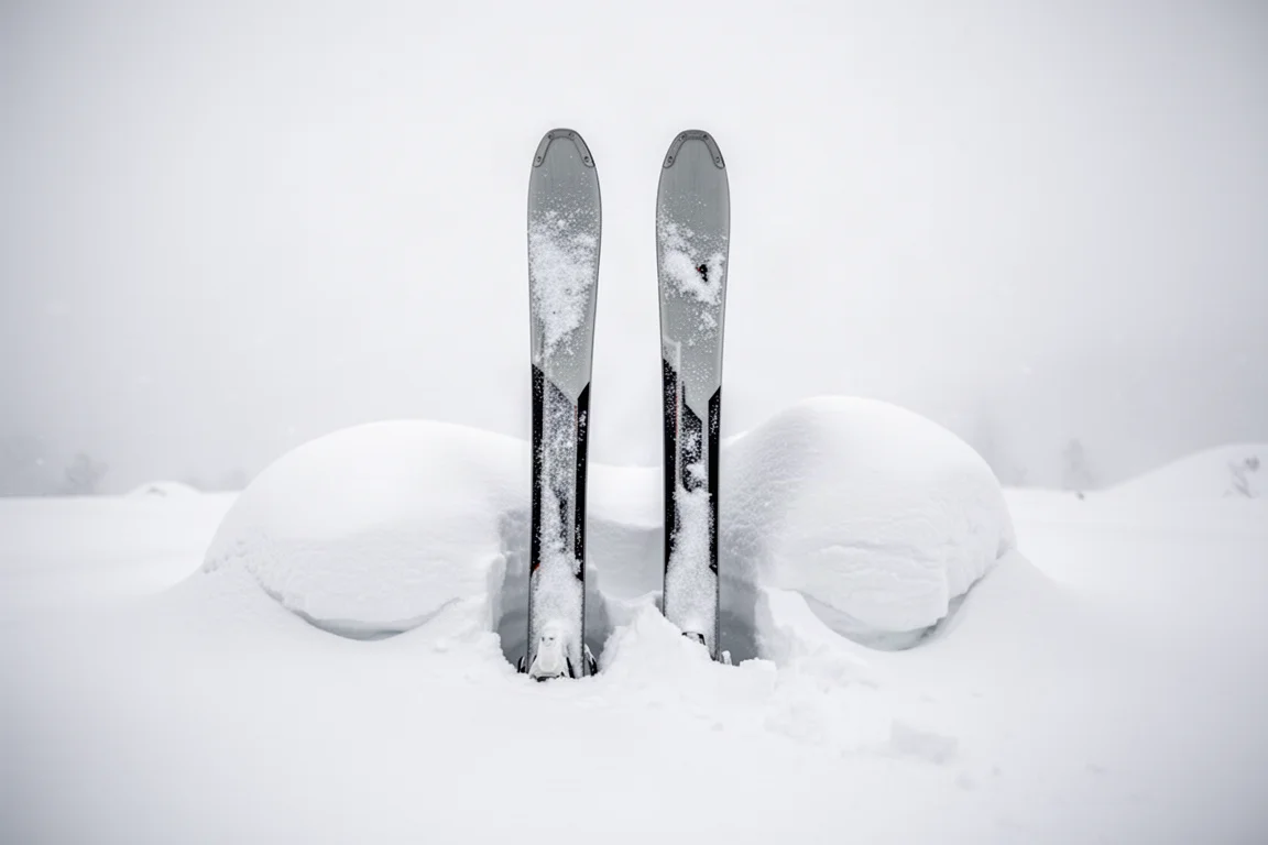 Paire de skis étroits plantés dans de la poudreuse profonde non tracée