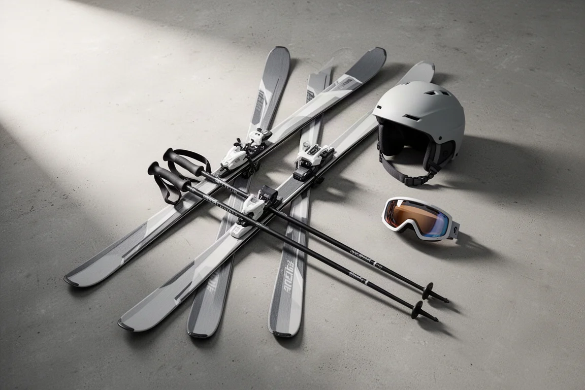 Vue plongeante d'un équipement de ski disposé à plat sur une surface en béton