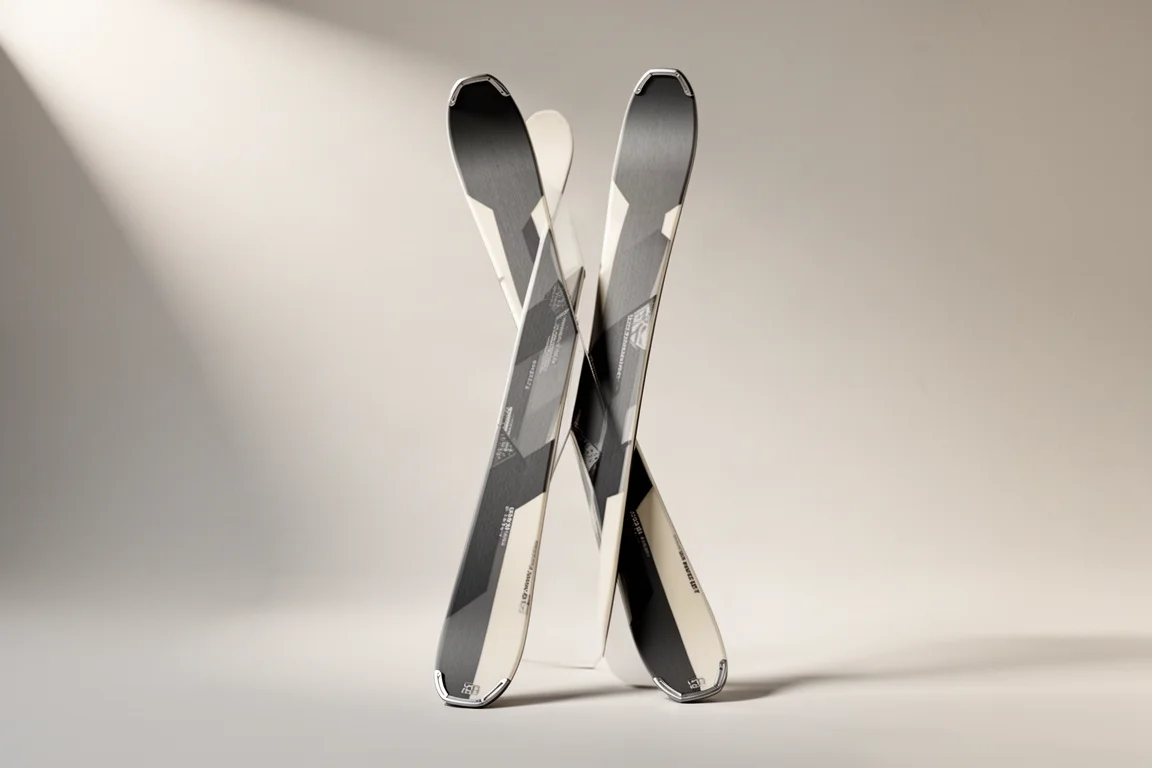 Pair of narrow front side alpine skis leaning together on a pale grey backdrop