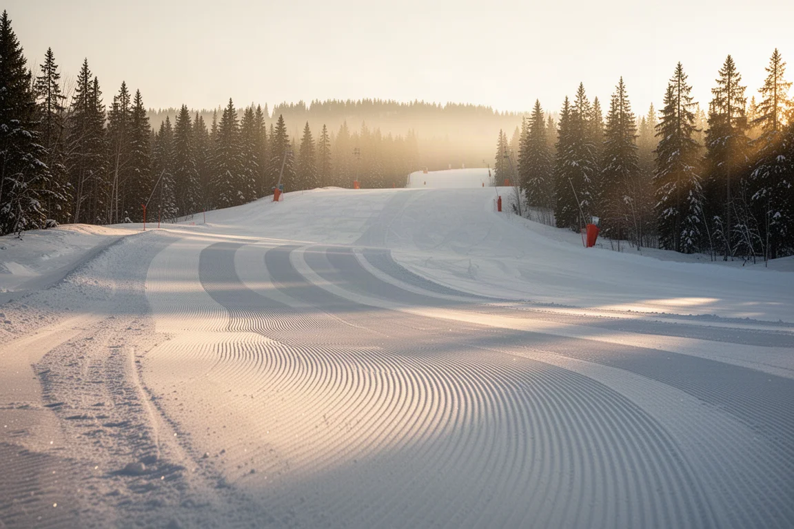 Frisch präparierte Piste bei Sonnenaufgang im sanften Morgenlicht