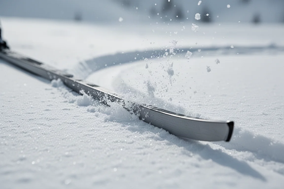 Ski-Kante zieht eine saubere Linie durch festen, präparierten Schnee